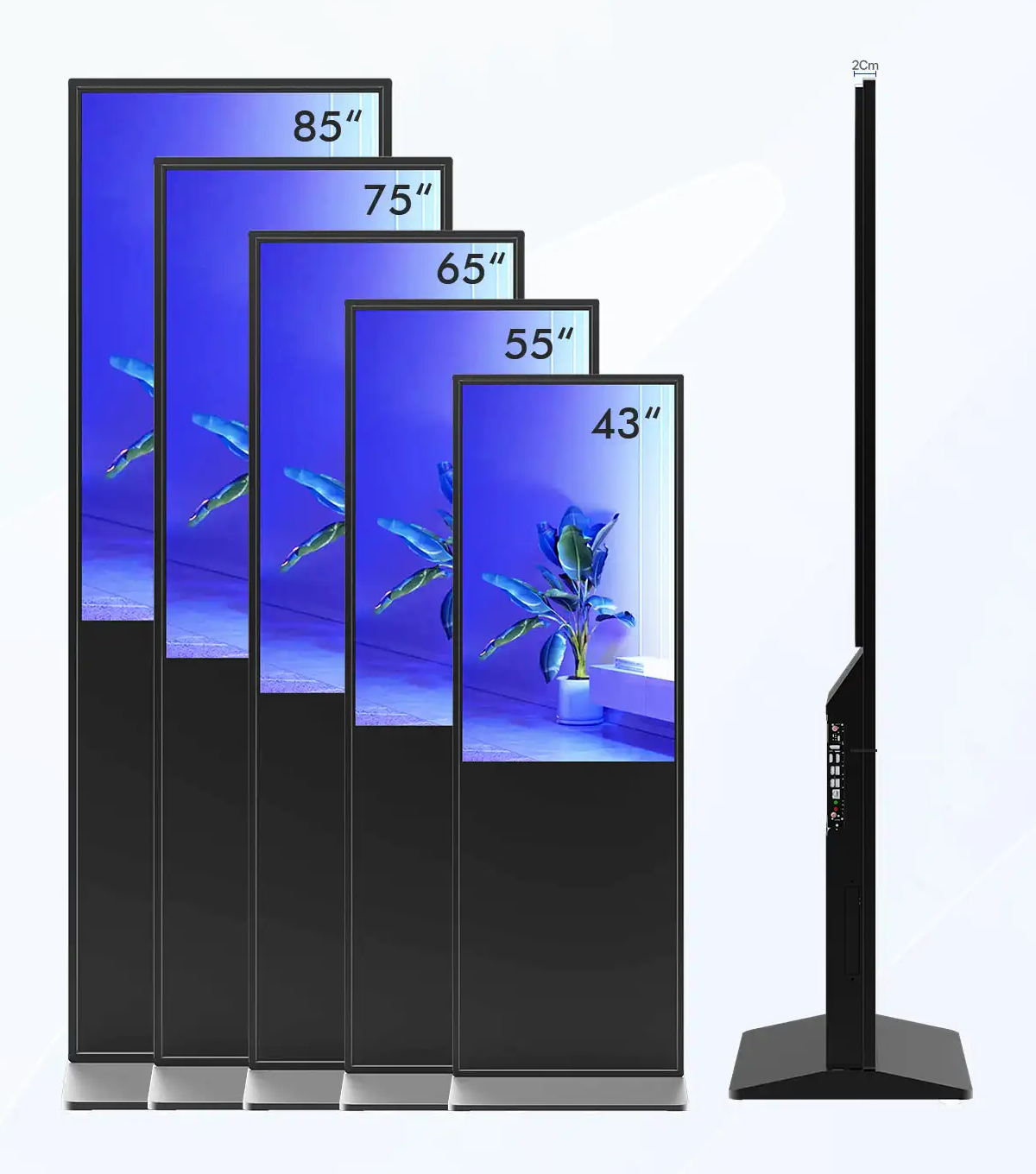 Digital Signage Kiosk in 43, 55, 65, 75 and 85 inch sizes, with side profile