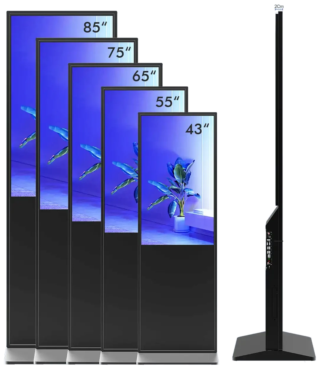 Digital Signage Kiosk in 43, 55, 65, 75 and 85 inch sizes, with side profile